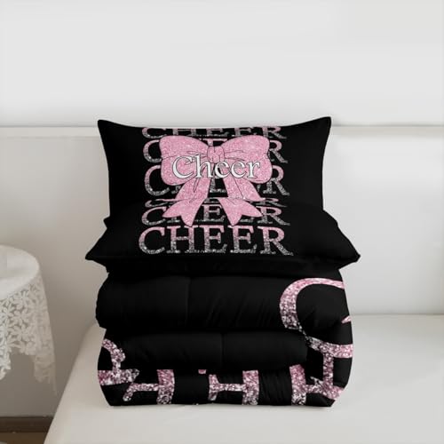 Image of Feelyou Cheer Bow Bedding Set Soft for Boys Girls, Cheerleader Comforter Set Full Size Funny Sport Duvet Quilt Microfiber Light Pink Bedroom Decor 3 Pcs with 2 Pillow Cases