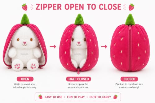 Image of Rabbit with Chain Reversible Strawberry Bunny Pink Soft Toy for Girls Boys Kids, Zipper Animal Stuffed Baby Teddy Gift Birthday, 25 cm