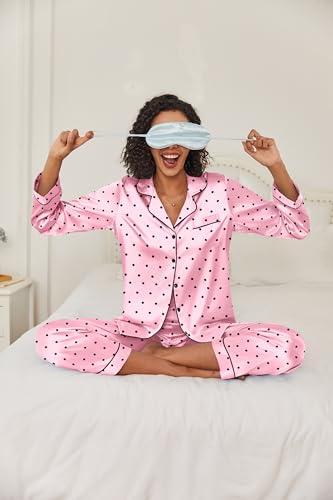 Image of Ekouaer Women's Classic Button Down Long Satin Silk Pajama Set