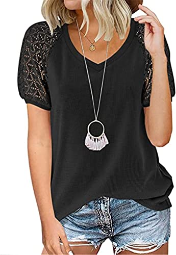 MQYXGS Mujer Camisa de Encaje Manga Corta Patchwork Top Talla Camisa Cuello en V Parte Superior Sencilla Suelta Elegante Blusas Verano Waffle Túnica Top Camiseta Beige Negro Café Verde Gris Rosa S M L