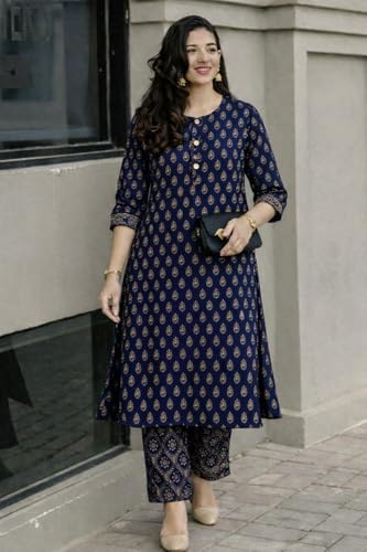 Image of ANNI Designer Kurta Set for Women Viscose Printed | Kurti Set for Woman | Kurta Pant Set | 2 Piece Set Women | Mandarin Neck 3 /4 Sleeve Regular Fit Stylish Ethnic Outfit Clothing
