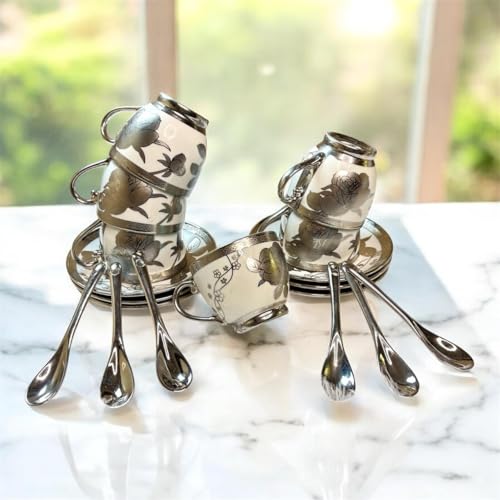 Image of Premium Ceramic Tea Set - 18 PCS | Elegant Gold-Plated Tea Cup Set with 6 Cups, 6 Saucers, 6 Spoons | Ideal for Home, Office, and Parties (Silver)