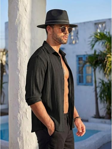 Image of DEELMO Combo of Men's Casual Button Down Shirts Long Sleeve Linen Shirt Fashion Textured Summer Shirts Pack of 2