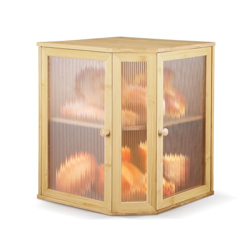 Bamboo Bread Box for Kitchen Countertop, Two-Layer Large Corner Bread Bins with Transparent Window, Wooden Storage Box with Ventilation Holes for Freshness Natural, Cutting Board, Self Assembly