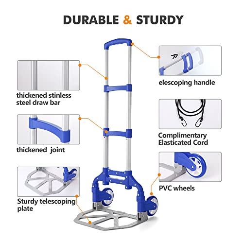 Caflower Folding Hand Truck, Aluminium Portable Folding Trolley With 3-Position Folding Pulley Handles, Load Capacity 175 Lbs For Home, Office And Travel Use.(Blue Sliver Aluminum+Pvc Wheels) #TOP3