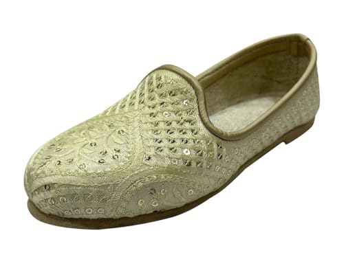 Traditional Unisex Kids Sherwani Dress Shoes – Indian Wedding Mojari Jutti for Boys and Girls – Ethnic Slip-On Footwear for Festive Outfits Cream Gold