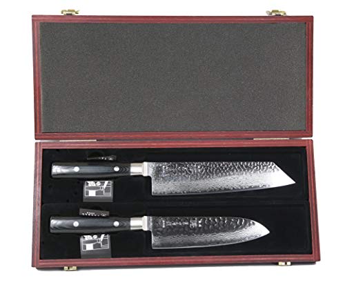 Zen Yaxell - Juego de cuchillos de damasco Yaxell y cuchillo Santoku en caja de madera exclusiva, núcleo de acero VG10 61-62 HRC, fabricado en Seki/Japón