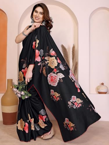 Image of Satrani Women's Tussar Silk Floral Printed Saree with Unstitched Blouse Piece