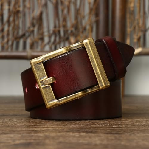 Mens Full Hide Leather Belt with Antiqued Solid Brass Square Buckle,Handmade Cowhide Strap 5mm Thicken 3.9cm Wide3