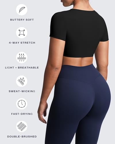 Image of Aoxjox Short Sleeve Crop Tops for Women Sienna Twist Deep V Workout Cropped T Shirt Top
