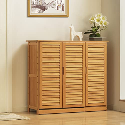 Monibloom 5 Tier Storage Floor Cabinet Free Standing With Shutter Doors, Bamboo Shoes Organizer Rack For 21-25 Pairs Bedroom Entryway Hallway, Natural #TOP6