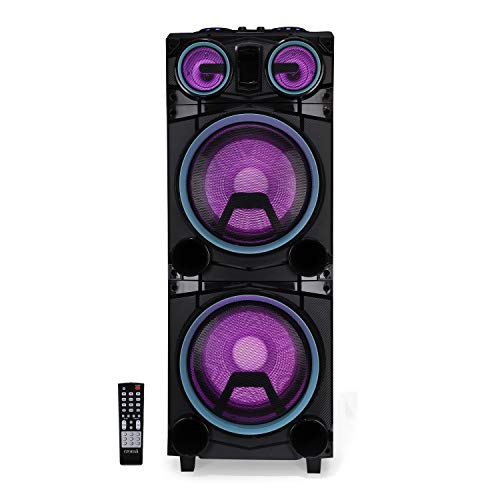 Image of Croma Explode 1400W Party Speaker, Party Lights, Horn Tweeters, Bass Booster Function, Inputs: Bluetooth, FM, USB-A, SD Card, Wired Microphone, Guitar Input, Aux-in, Recording Function, Echo Function, 5 EQ Modes, Wheels for Portability (CREY3027, Black)