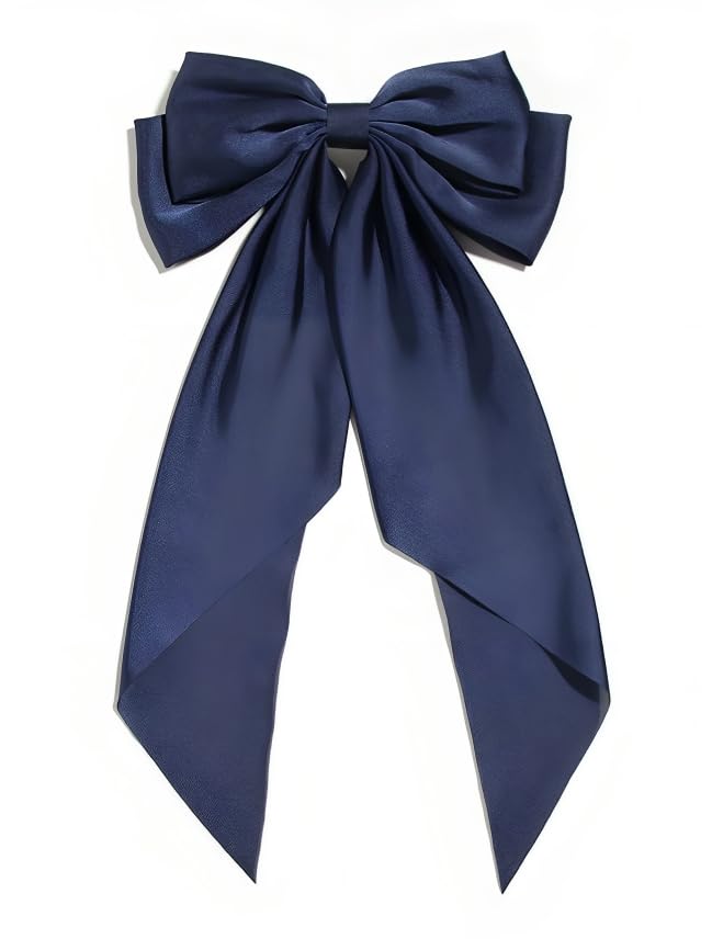 Image of FilterFashion Big Satin Layered Hair Bows for Women Girls 11.5 Inch Barrette Hair Clip Long Back Ribbon Bows French Style Hair Accessories (Black,White,NavyBlue)