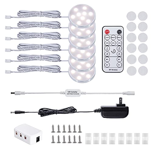LED Dimmable Under Cabinet Lighting Kit,12V 6 Pack Wired Linkable Puck Lights with Remote Control, Plug in Under Counter Lighting Fixtures for Kitchen,Bookcase,Showcase,Shelf (Natural White)