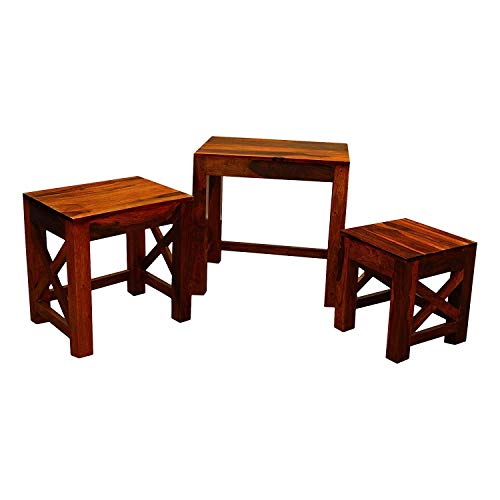 Image of Sheesham Wood Nesting Table Stools for Living Room (Natural Teak Finish) - Set of 3