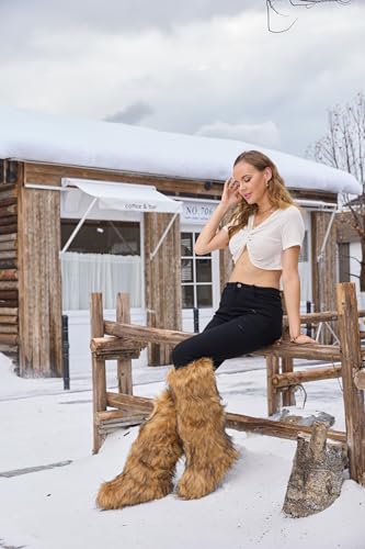 ZVC Women's Knee-High Fluffy Snow Boots - Black, Faux Fur Trim, Insulated, Slip Resistant, Winter, Size 113