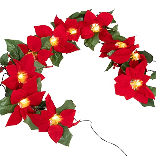 Joiedomi Christmas Garland Decorations 6 Feet Pre Lit Velvet Silk Poinsettia Garland with Red Berries and Holly Leaves for Railing, Bar, Table Centerpiece, Mantles, Fireplaces, and More