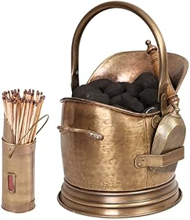 Coal Scuttle Bucket Antique Style Brass Fireside Basket with Matches Canister