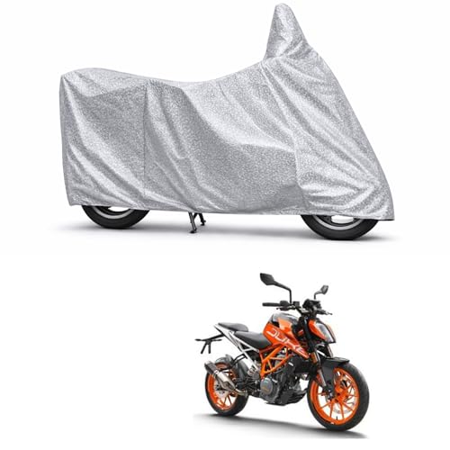 Image of 100% Waterproof Two Wheeler Body Cover Multi Layered Fabric Designed for KTM 390Duke | Belt Buckle Lock | Silver Mag