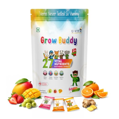 Image of U-VITA Grow Buddy Multivitamin Gummies for Kids (2+ Years) | No Added Sugar | 27 Essential Vitamins, Minerals & Pure herbal extracts | Made in India and Formulated in the UK | 60 Gummies, Assorted