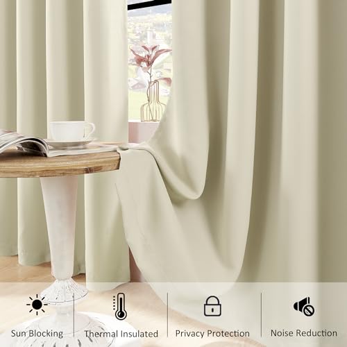 Image of HUTO Beige Blackout Curtains and Drapes for Bedroom - Extra Long Room Darkening Thermal Insulated Solid Window Antique Copper Grommet Draperies for Living Room (Cream White, 1 Pair, 52 x 96-Inch)