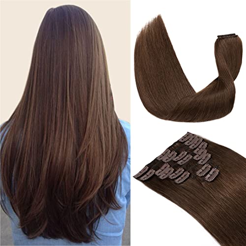 TESS Clip in Hair Extensions Real Human Hair Brown Remy Seamless 8 Pieces Straight for Women/Girls (#04 Medium Brown, 12 Inch 55g)