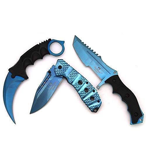 Snake Eye Tactical Triple Set - Fixed Blade/Mini Huntsman/Folding Knife - Outdoors Hunting Camping Fishing Self Defense … (Blue) - Snake Eye Tactical