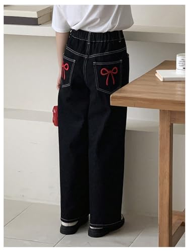 OYOANGLE Girl's Bow Embroidery Straight Leg Jeans Elastic Waist Solid Denim Pants with Pockets3