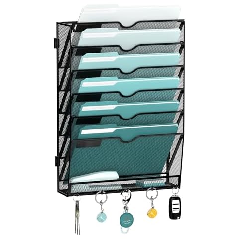 JMHUD 7-Tier Hanging Wall File Organizer with 5 Hooks, Wall File Holder with Labels, Vertical Wall Mount Mail Organizer for Papers, Folders, Magazines, Office Organization, Black Cover