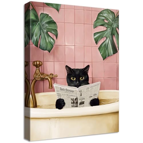 Cadre en Bois Impression sur Toile Chat Noir Drôle Tableau Affiche Decoration Murale Image sur Toile Plantes Roses et Vertes Chaton se Baignant Tableau...