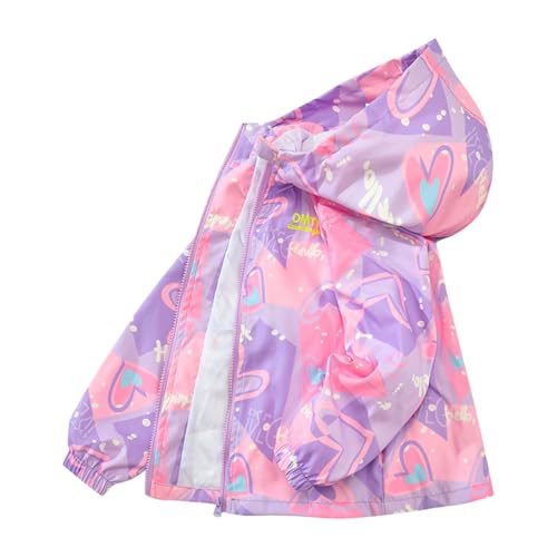 Girls Cute Patterned Hooded Jacket Lightweight Outdoor Zip Up Coat Versatile Loose Outerwear with Pockets for 3-15 Years