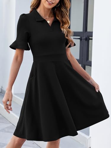 Womens Summer Ruffle Sleeve Collared V Neck Fit and Flare Elegant A line Swing Dresses with Pockets3