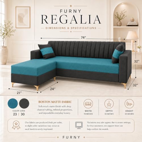 Image of FURNY Signature Regalia 4-Seater L-Shape Sofa Set with Movable Ottoman | Flexible LHS /RHS Layout | Boston Fabric | 40D Foam + Zigzag Spring | 3-Yr Warranty (Ash Grey, Ocean Blue)