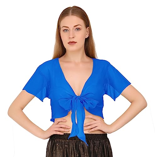 Image of Indian Trendy Women's Chiffon Short Sleeve Tie Top Choli Blouse Belly Dance Gypsy Tie Front Cardigan Tops