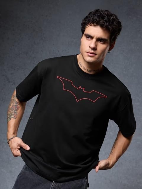 Image of The Souled Store Official Batman Originals: Justice Oversized T-Shirt for Men Boys Cotton Casual Half Sleeves Baggy Loose Fit Drop Shoulder Round Neck Black