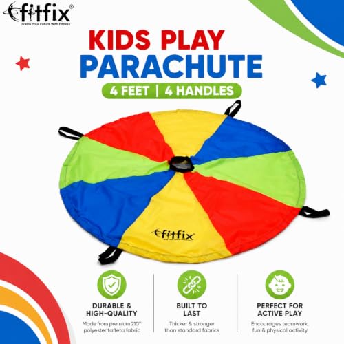 Image of Fitfix Sports Theme Rainbow Parachute 4feet, 4 Handles with Carry Bag for Kids in Bright Colors for Outdoor Sports Development, Team Building,Games, Tent, Cooperative Games- Multicolor