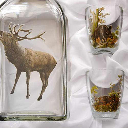 GTK - Geweihe & Trophäen KRUMHOLZ 7 teiliges Schnaps Gläser Set + Karaffe mit Jagddekor Hirsch farbig