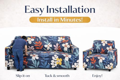 Image of Universal 3 Seater Sofa Cover Fully Covered Stretchable Spandex Non-Slip Elastic Slipcover | Soft Washable Fabric Sofa Protector for Living Room Furniture (Blue Floral)