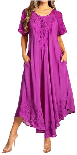 Image of Sakkas Egan Long Embroidered Caftan Dress /Cover Up with Embroidered Cap Sleeves