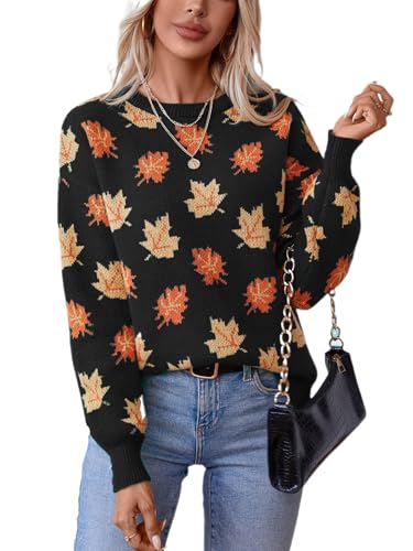 Chvity Women's Maple Leaf Graphic Thanksgiving Sweater Crewneck Long Sleeve Casual Loose Fall Student Knit Pullover Tops