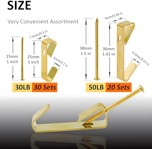 Image of 50 Sets of Picture Hanging Kit, 30lb(30 Sets) and 50lb(20 Sets) Picture Hangers, Metal Picture Hanging Hooks with Nails, on Drywall, Wooden Wall(Gold), YF-PicHanger-30LBX30+50LBX20