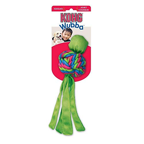KONG – Wubba Weaves – Robustes Apportierspielzeug zum Kauen und zur Zahnreinigung (Farbvar.) – Für Kleine Hunde