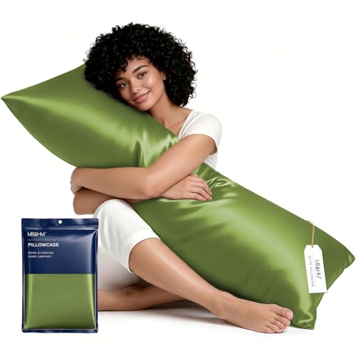 MR&HM Satin Body Pillow Cover, Soft and Breathable Body Pillow Case with Envelope Closure, Cooling and Silky Long Pillowcase for Hair and Skin,Grey (20x54, Sage)