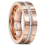 King Will Mens Rose Gold Tungsten Wedding Band with White Cubic Zircon Inlay, 8mm Flat Cut Grooved Engagement Anniversary Rings Comfort Fit, Size 10