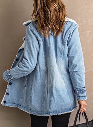 Happy Sailed Women's Lapel Sherpa Fleece Lined Denim Jacket Winter Button Down Warm Coat Outerwear Blue Large #TOP1