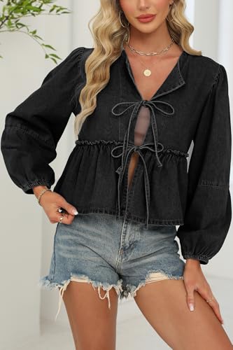 D-Sun Women Fall Peplum Babydoll Denim Shirt Tie Front Long Puff Sleeves Jean Blouse Y2K Cropped Bow Open Front Top3