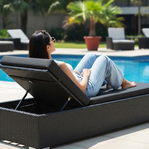 Image of DEVOKO Outdoor Rattan Wicker Sun Lounger Recliner for All Weather Comfort with Durable Metal Frame Ideal for Garden, Deck, Lawn, Poolside (Black)