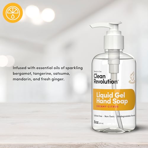Image of Clean Revolution Liquid Gel Hand Soap with Real Essential Oils - Sulfate-Free Gel Hand Wash, Moisturizing, Non-Toxic Formula, Made in the USA (Dreamy Citrus) 8 Fl Oz