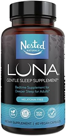 Nested Naturals Luna Sleep Supplement, Melatonin Free, Non-Habit Forming Herbal Sleep Supplement, Adult Bedtime Support, Help Sleeping w/Chamomile, Valerian, L-Theanine, 60 Vegan Capsules