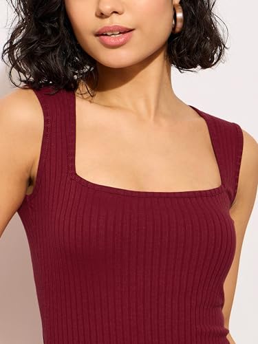 Image of barcino Black Rib Square Neck Sleeveless Midi Dress